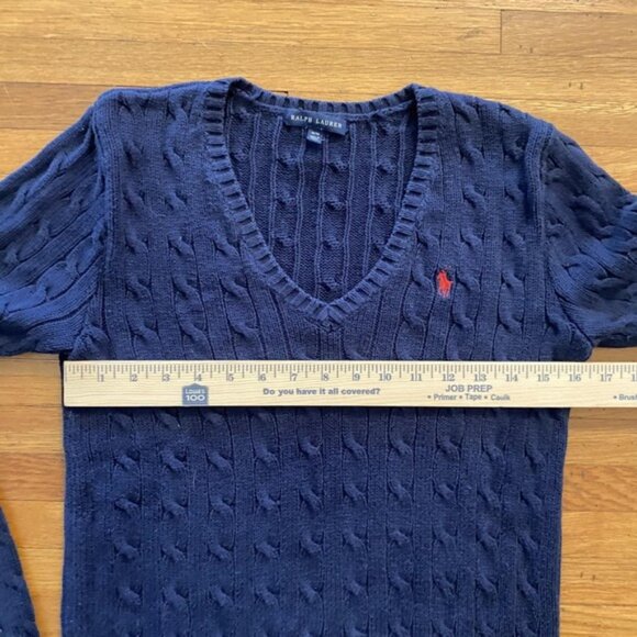 Vtg Ralph Lauren Sweater Womens Medium Navy Cable Knit V Neck Red Pony Pullover - Picture 5 of 10